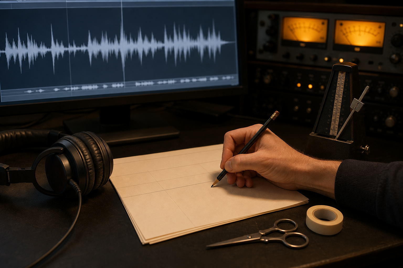 Postazione di editing audio essenziale con waveform astratta