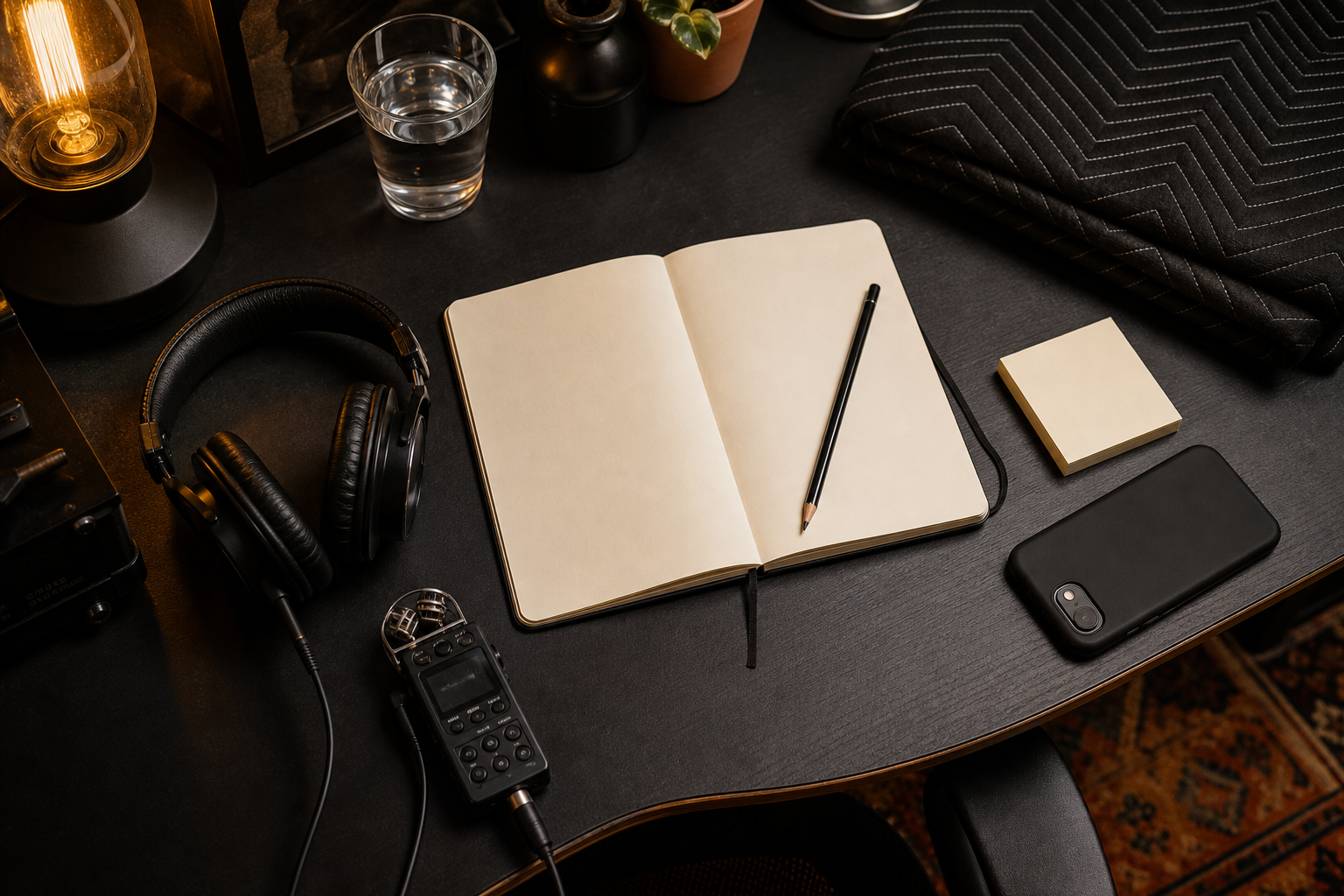 Notebook, cuffie e materiali per preparare una sessione audio